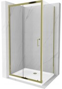 Mexen Apia, sprchový kút s posuvnými dverami 90 (dvere) x 80 (stena) cm, 6mm číre sklo, zlatý profil + biela sprchová vanička SLIM, 840-090-080-50-00-4010G