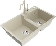 Mexen Tomas granitový dvojkomorový drez s kuchynskou batériou Carla, Béžová - 6516-69-670700-69