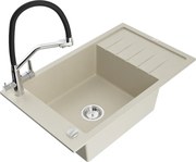 Mexen Elias granitový jednokomorový drez s odkvapkávačom a kuchynskou batériou Duo, Béžová - 6511-69-671701-07