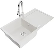 Mexen Leo, 1-komorový granitový drez 900x500x190 mm a drezová batéria Elia, biela, 6501-20-670101-00