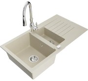 Mexen Matias, 1,5-komorový granitový drez 900x505x200 mm a drezová batéria Savita, béžová, 6502-69-672601-00
