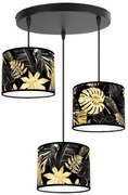 Závesné svietidlo Gold Flowers, 3x čierne textilné tienidlo s kvetinovým vzorom, o