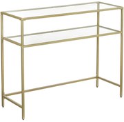 Moderný sklenený stolík, konzolový stolík s oceľovým rámom, zlatá farba