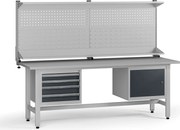 Výškovo nastaviteľný dielenský stôl G5 s nadstavbou, 2100 x 750 x 800-1000 mm, 1x skrinka, 4 zásuvky, grafit