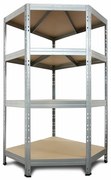 Rohový kovový regál RIVET, 180x90x45x64,5 cm, 4x HDF polica, zinok