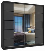 Šatníková skriňa 200 cm Belini čierny mat / šedý mat s posuvnými dverami zrkadlom a zásuvkami  ME SZP5/1/B/SR/0/KLP