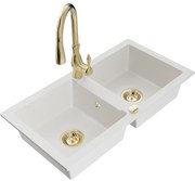 Mexen Mario, 2-komorový granitový drez 820x436x161 mm a drezová batéria Savita, biela, 6504-20-672601-50