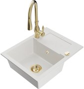 Mexen Enzo, 1-komorový granitový drez 576x465x174 mm a drezová batéria Savita, biela, 6506-20-672601-50
