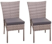 Set 2 záhradných stoličiek HWC-G19, polyratan, stohovateľná - sivo-hnedé, vankúše tmavo sivé