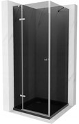 Mexen Roma, sprchový kút s krídlovými dverami 90 (dvere) x 90 (stena) cm, 6mm šedé sklo, chrómový profil + slim sprchová vanička čierna + chrómový sifón, 854-090-090-01-40-4070