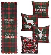 Súprava 4 vianočných obliečok na vankúš a behúň na stôl Minimalist Cushion Covers Tartan Christmas