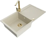 Mexen Leo, drez granitový 900x500x190 mm, 1-komorový, béžový so zlatým sifónom a zlatá drezová batéria Rita, 6501-69-670300-50