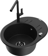 Mexen Kevin granitový jednokomorový drez s odkvapkávačom a kuchynskou batériou Flora, Čierna - 6517-77-670401-70-B