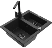 Mexen Carlos, 1,5-komorový granitový drez s odkvapkávačom 582x475x177 mm a čierna kuchynská batéria Rita, čierna - strieborná metalíza, 6518-73-670300-70-B
