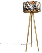 Vintage stojaca lampa drevený tienidlo kvetinový vzor 50 cm - Tripod Classic