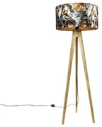 Vintage stojaca lampa drevený tienidlo kvetinový vzor 50 cm - Tripod Classic