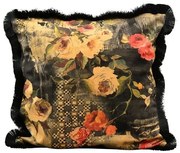 Čierny zamatový vankúš so kvetmi a strapcami Dans - 45*45cm