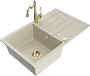 Mexen Bruno granitový jednokomorový drez s odkvapkávačom a kuchynskou batériou Carla, Béžová - 6513-69-670700-50