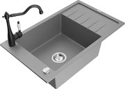 Mexen Elias granitový jednokomorový drez s odkvapkávačom a kuchynskou batériou Carla, Šedá - 6511-71-670700-70