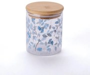 Sklenená dóza s bambusovým vekom MODRÉ KVETY 440 ml