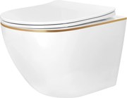 Závesná WC misa so SoftClose sedadlom REA Mini Carlo Tornado NFQ, biela/zlatá