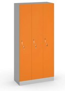 Drevená šatníková skrinka S5, 3 oddiely, 1900 x 900 x 420 mm, cylindrický zámok, sivá/oranžová