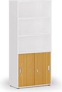 Kombinovaná kancelárska skriňa PRIMO WHITE, zasúvacie dvere na 2 poschodia, 800 x 420 x 1781 mm, biela/buk
