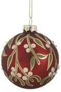 Červená sklenená vianočná ozdoba gule s imelom - Ø 8 cm