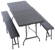 Záhradný set, 2 lavice a stôl v ratanovom dizajne - antracit