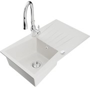 Mexen Cesar, 1-komorový granitový drez 775x470x190 mm a drezová batéria Savita, biela, 6513-77-672601-70