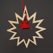 AMADEA Drevená ozdoba hviezda s červeným zvončekom, 7 cm, český výrobok