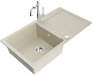 Mexen Leo, granitový drez 900x500x190 mm, 1-komorový a drezová batéria Carla, béžová, 6501-69-670700-00