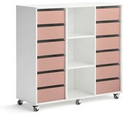 Úložná skriňa CASPER, 12 zásuviek, 3 priehradky, biela, tmavoružová