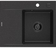 Mexen Ben, 1-komorový granitový drez 600x500x190 mm, pravý + čierny sifón, čierna-strieborná metalíza, 6523605000-73-B