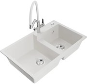 Mexen Tomas, 2-komorový granitový drez 800x500x190 mm  a kuchynská batéria Duo, biela, 6516-20-671701-02