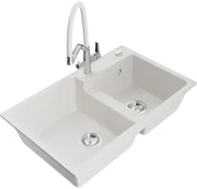 Mexen Tomas, 2-komorový granitový drez 800x500x190 mm  a kuchynská batéria Duo, biela, 6516-20-671701-02