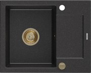 Mexen Enzo granitový jednokomorový drez s odkvapkávačom 576 x 465 mm, Čierna/Strieborná metalíza, Sifón Zlatá - 6506571005-73-G
