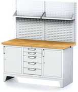 Alfa 3 Dielenský stôl MECHANIC I , perforovaný panel, polica, 2 skrinky a zásuvkový box na náradie, 5 zásuviek, 1500x685x880 mm, sivé dvere