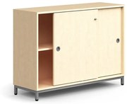 Skriňa s posuvnými dverami QBUS, 1 polica, na nožičkách, s madlom, 868x1200x400 mm, strieborná, brez