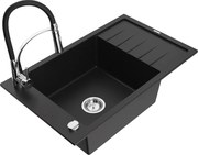 Mexen Elias granitový jednokomorový drez s odkvapkávačom a kuchynskou batériou Aster, Čierna - 6511-77-73450-07