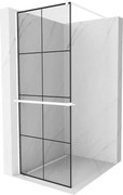 Mexen Kioto+, sprchová zástena Walk-In s poličkou a vešiakom 70 x 200 cm, 8mm číre sklo čierny vzor, biely profil, 800-070-121-20-77