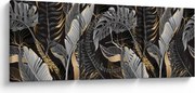 Obraz - Tropické listy v čierno-zlatej (s hodinami) (90x30 cm)