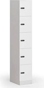 Šatníková skrinka S1 s úložnými boxmi, 5 boxov, 1850 x 300 x 500 mm, mechanický kódový zámok, laminované dvere, biela