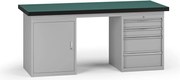 Pracovný stôl do dielne G8, 1800 x 750 x 800 mm, 1x skrinka, 1x kontejner, 4 zásuvky, sivá
