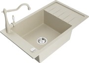 Mexen Elias granitový jednokomorový drez s odkvapkávačom a kuchynskou batériou Carla, Béžová - 6511-69-670700-69