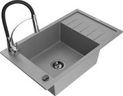 Mexen Elias granitový jednokomorový drez s odkvapkávačom a kuchynskou batériou Aster, Šedá - 6511-71-73450-07-B
