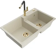 Mexen Tomas, 2-komorový granitový drez 800x500x190 mm a drezová batéria Flora, béžová, 6516-69-670401-57-G
