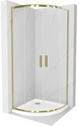 Mexen Rio, štvrťkruhový sprchovací kút s posuvnými dverami 80(dvere) x 80(dvere) x 190 cm, 6mm číre sklo, zlatý profil + biela sprchová vanička SLIM, 863-080-080-50-00-4110G
