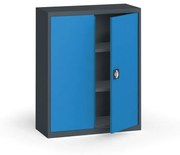 Plechová policová skriňa na náradie KOVONA, 1150 x 950 x 400 mm, 2 police, antracit/modrá