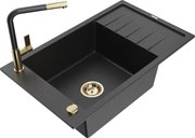 Mexen Elias granitový jednokomorový drez s odkvapkávačom a kuchynskou batériou Flora, Čierna/Strieborná metalíza - 6511-73-67040